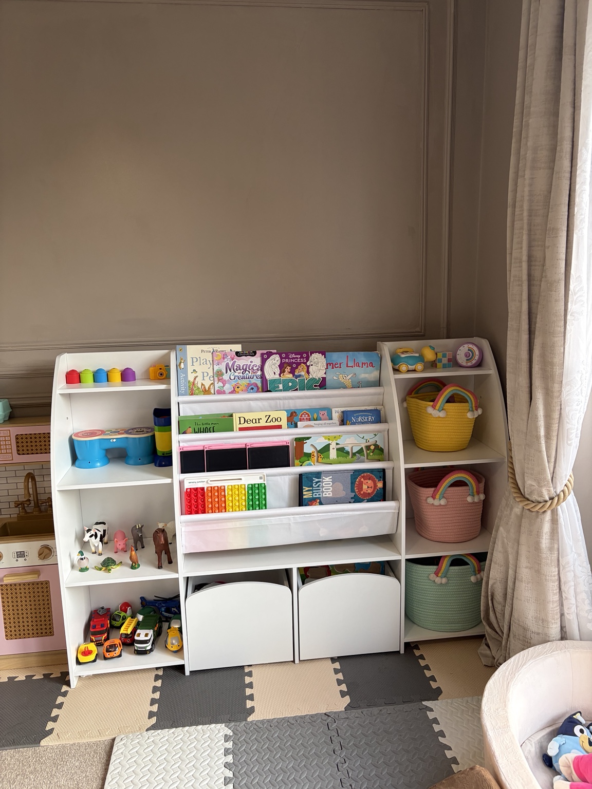 Children's books, toys and storage shelves
